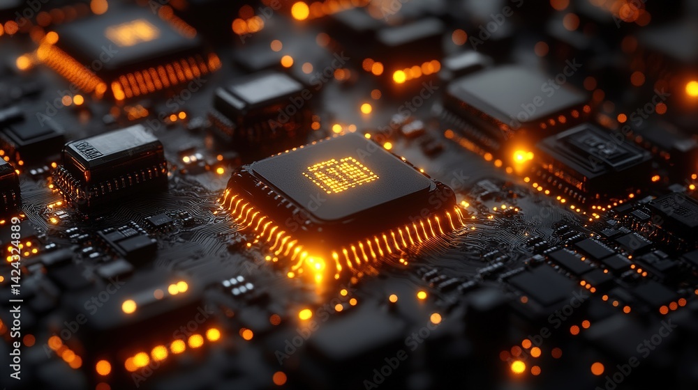 Poster close-up of a circuit board with a central processor chip illuminated with glowing orange light. det