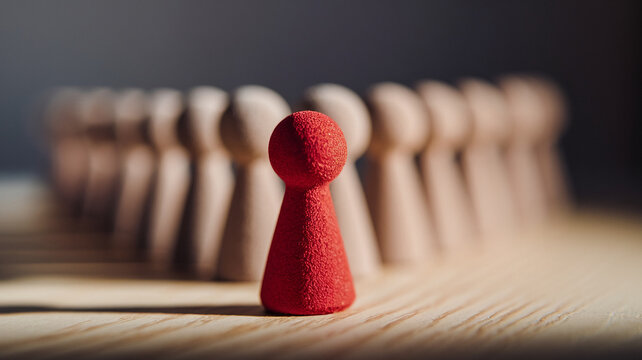 Red game piece stands out among beige ones, symbolizing leadership, individuality, or difference, showcasing a concept of standing apart from the crowd