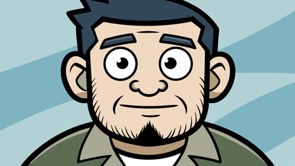 Cartoon portrait of a mature man with beard against striped blue background