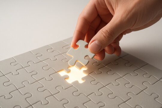 Solving the Puzzle: A hand meticulously places the final piece into a nearly completed jigsaw puzzle, symbolizing the resolution of a complex issue.