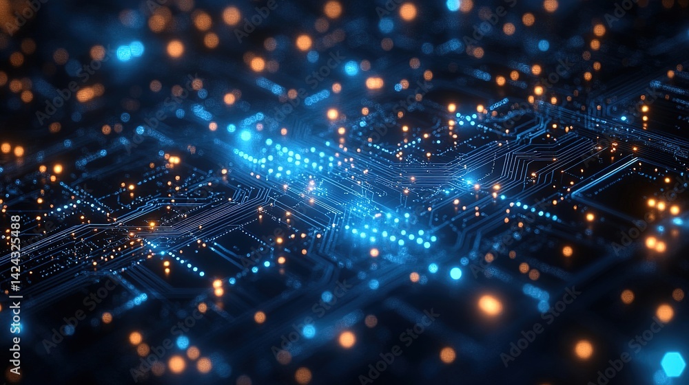 Poster complex network of interconnected circuits. intricate pathways of glowing blue and orange lights on 
