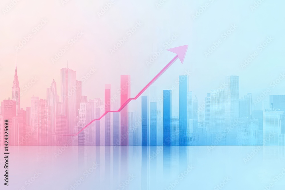 Poster abstract financial graph with rising trend line and bar chart in soft pastel colors background desig