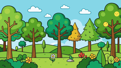 Cartoon forest landscape with rolling hills trees and flowers illustration