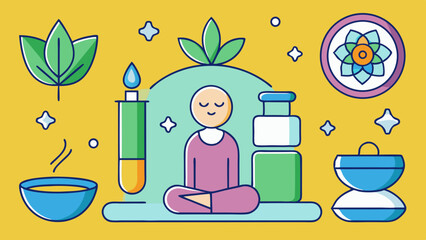 Cartoon meditation scene with spa and aromatherapy elements on yellow background