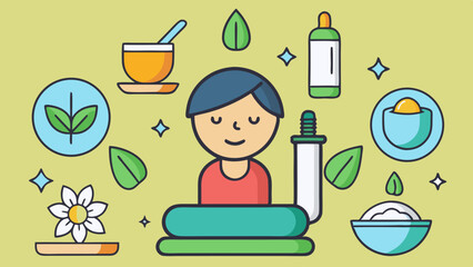Ayurvedic healing therapy and traditional medicine elements in vector illustration