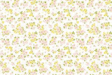 Vintage floral background. Seamless vector pattern for design and fashion prints. Flowers pattern with small pink and yellow flowers on a white background. Ditsy style. Cute fashion summer print. 