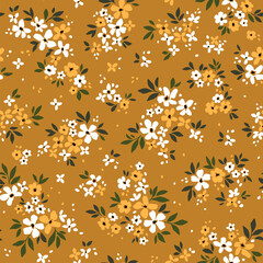 Retro floral pattern in small flowers. Small white and yellow flowers. Gold yellow mustard background. Ditsy print. Floral seamless background. Cute vintage template for fashion prints. Stock pattern