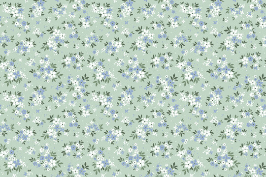 Retro floral pattern in small decorative flowers. Small blue and white flowers. Light blue background. Ditsy print. Floral seamless background ditsy pattern in small cute spring flowers. Stock print