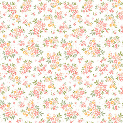 Vintage gentle floral background. Floral pattern with small pastel yellow and pink flowers on a white background. Seamless pattern for design and fashion prints. Ditsy style. Stock vector illustration