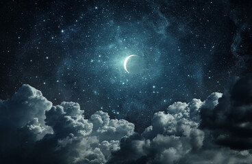  Panoramic view of the night sky, star and moon. Collage. Elements of this image furnished by NASA.