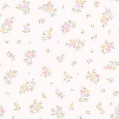 Vector seamless pattern. Liberty pattern in small flowers. Small pastel colorful flowers. White background. Ditsy floral background. Delicate vintage template for fashion prints. Stock vector pattern