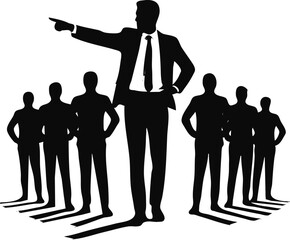 Leader pointing forward, guiding a team. Concept on leadership, direction, and teamwork. Inspirational leadership illustration