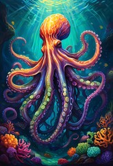 Obraz premium Octopus in Underwater Coral Reef Environment