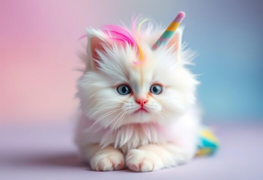 A fluffy pastel unicorn kitty with rainbow mane and horn, sitting happily, playful, cat