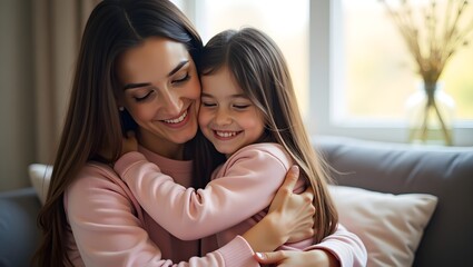 Mother with daughter at home hugging