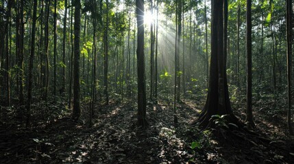 Obraz premium Sunbeams Illuminating Lush Rainforest