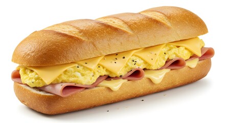A perfectly toasted French bread sandwich filled with layers of ham, melted cheese, and a creamy scrambled egg mixture. 