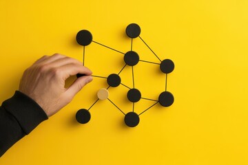 A hand connecting dots on a yellow surface representing network connection and communication concept idea