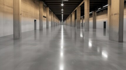 Modern industrial warehouse interior with polished concrete flooring and dim lighting
