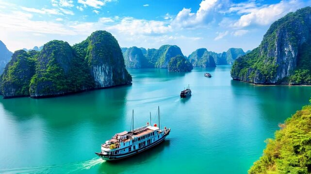 Cruise boats sail through turquoise waters and limestone islands in Ha Long Bay, Vietnam.

