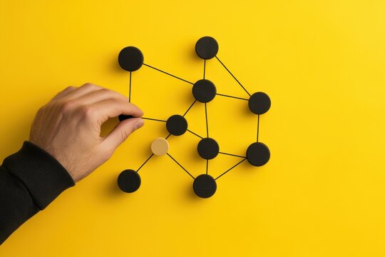 A hand connecting dots on a yellow surface representing network connection and communication concept idea