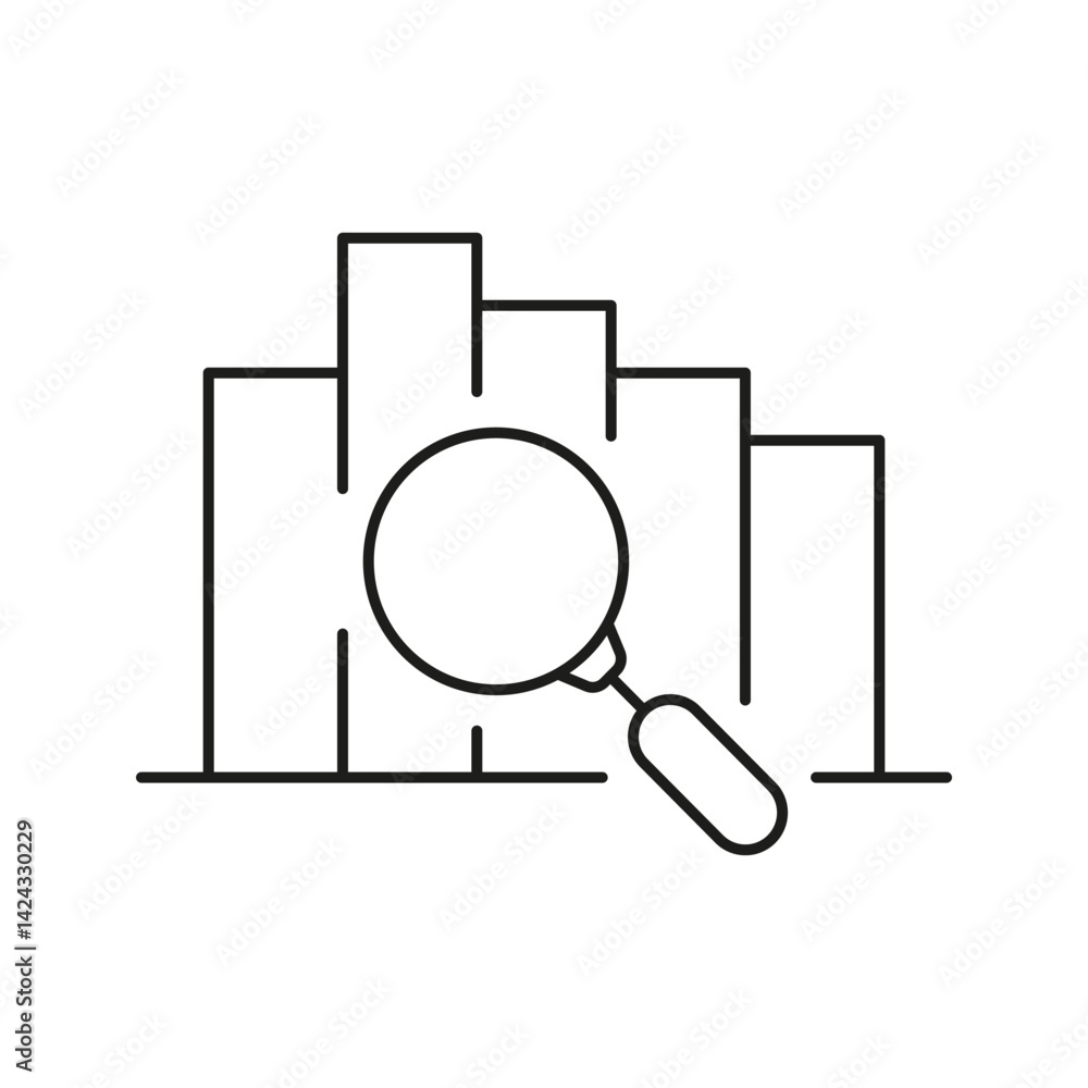Poster bar chart with magnifying glass line icon. data analysis, business insights, and statistical evaluat