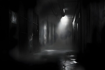 Dimly lit, fog-filled corridor of an abandoned prison.