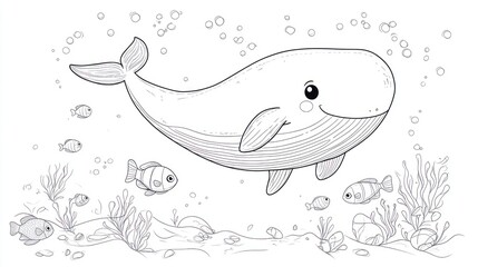 Obraz premium Cute whale in underwater scene, coloring book illustration