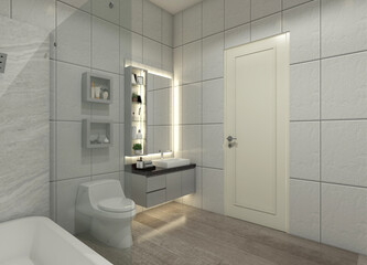 Minimalist 3D bathroom interior design with a sink cabinet and storage drawers, a mirror panel and display shelves, a toilet, ceramic tiles, and lighting.