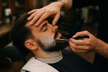 Barber Giving Traditional Straight Razor Shave to Bearded Man in Classic Barbershop Grooming Session