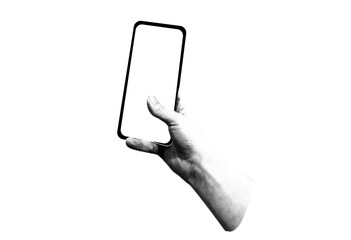 Collage halftone hand holding smart  phone. Modern vector rock illustration isolated cut out element for infographic presentations mediapromotion poster website