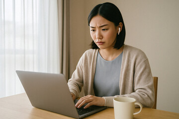 Fototapeta premium Serious Young Asian Woman Working Remotely on Laptop at Home with Earbuds and Coffee in Cozy Setting