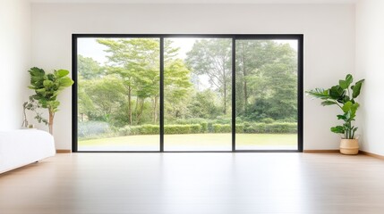 Bright, modern living room with expansive garden views.  A minimalist space showcasing natural light and a tranquil setting