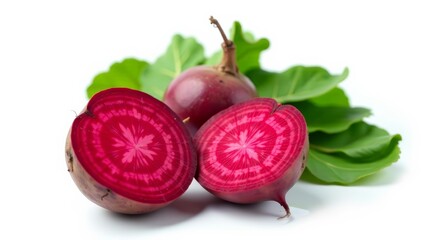 Whole and half beetroot isolated on white background, vibrant fresh produce for cooking and nutrition, raw, farm, diet