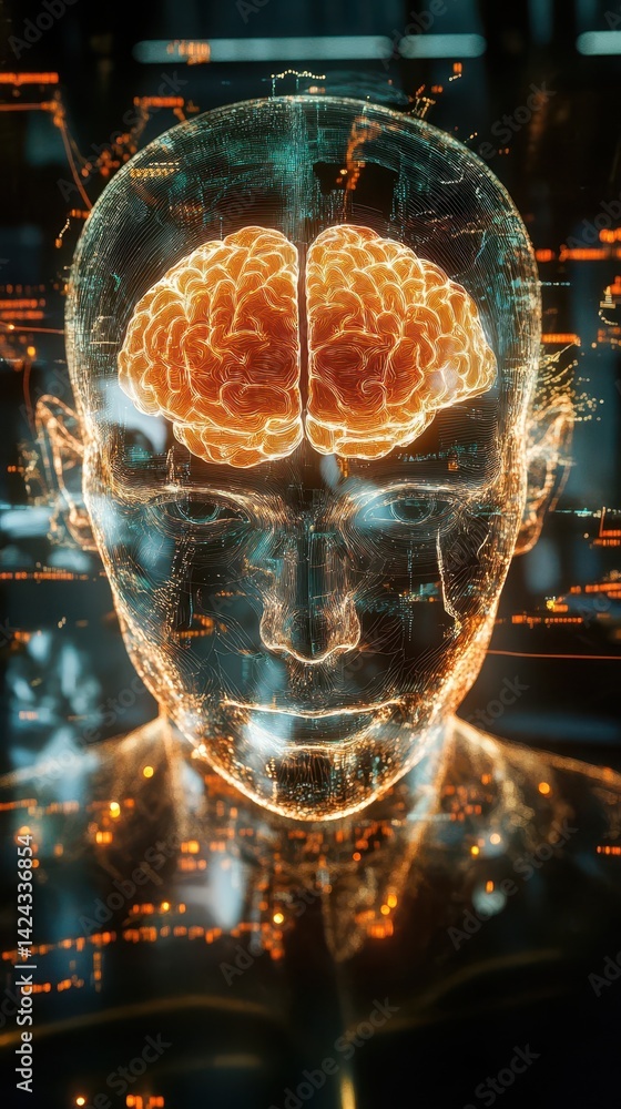 Poster a digital human head with a glowing brain, showcasing neural networks and data streams.