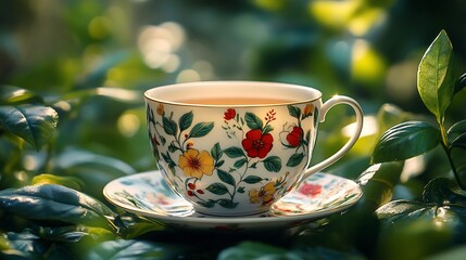 Fototapeta premium Bone china teacup captured using macro photography in a forest setting The fine details of the cups floral pattern are in sharp focus with a blurred green backdrop adding a touch of nature