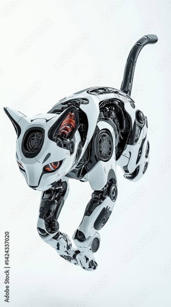Poster a sleek, futuristic robot cat in a dynamic leaping pose.