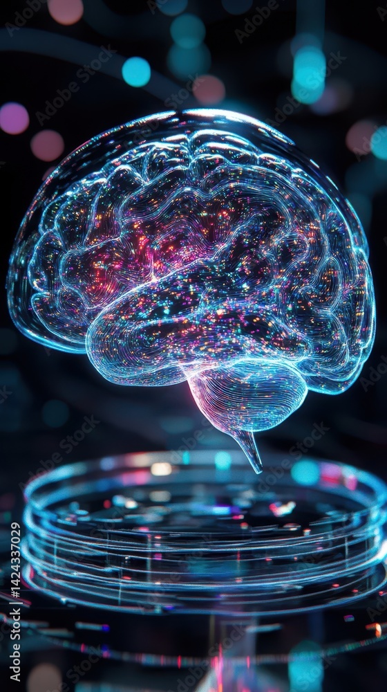 Poster a futuristic representation of a human brain, illuminated with vibrant digital light patterns.