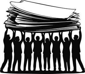 teamwork and collaboration, individuals working together to lift a pile of papers. Concept on collective effort, shared responsibility, and unity