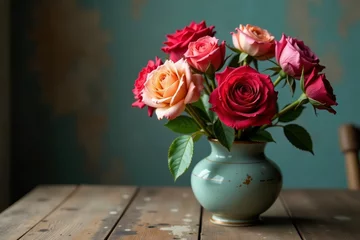 Wilted dry roses in a mismatched vintage vase on rustic wooden table, bouquet, withered, faded
