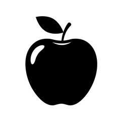 Fototapeta premium Simple black silhouette icon of an apple with a curved shape, short stem, and single leaf in flat vector style