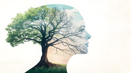 A futuristic neural network branching from a human head, blending biology with technology, representing cognitive science and AI psychology, glowing wires and abstract lights, Duality of mind: a split