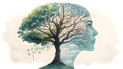 A futuristic neural network branching from a human head, blending biology with technology, representing cognitive science and AI psychology, glowing wires and abstract lights, Duality of mind: a split