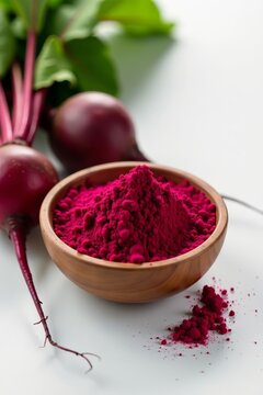 Wooden bowl filled with vibrant beetroot powder next to fresh, organic beetroots, organic, powder, beetroot