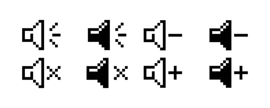 Set of pixelated speaker volume icons, speaker volume icons, pixel art.