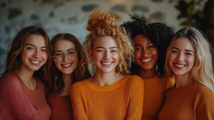 Obraz premium Gathered in a warm and inviting space, five friends radiate happiness and connection, dressed in cozy orange and brown outfits, surrounded by a charming, rustic ambiance.