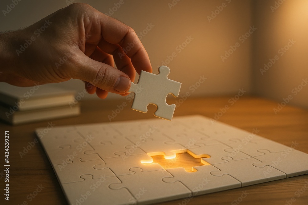 Poster completion's grip: a hand carefully places the final jigsaw puzzle piece, illuminating the missing s