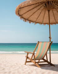 An empty wooden beach chair under a straw parasol, facing the calm ocean horizon. Soft pastel colors evoke quiet relaxation and solitude.