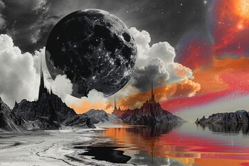 Surreal cosmic landscape with large moon, vibrant clouds, reflective water. 80s, futuristic style, iridescent glow, cosmic theme. Digital art, posters, sci-fi illustrations, modern 80s visuals.