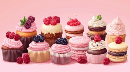 Delicious cupcakes and macarons, pink background, sweet treats, bakery display, food photography